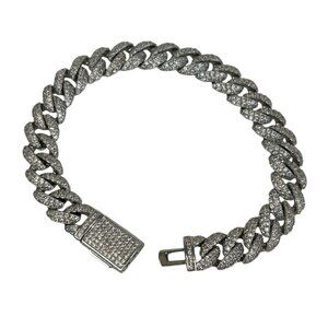 Mens Iced Cuban Link Chain Bracelet Silver Color With Box Clasp Rhinestones